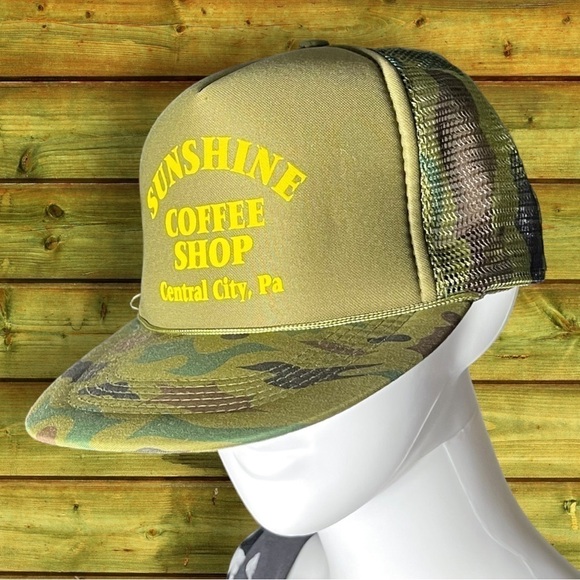 NWOT Sunshine Coffee Shop Central PA Camouflage Trucker Cap Green Yellow - Picture 5 of 10